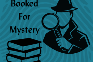 image of detective looking at books through a magnifying glass
