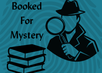 image of detective looking at books through a magnifying glass